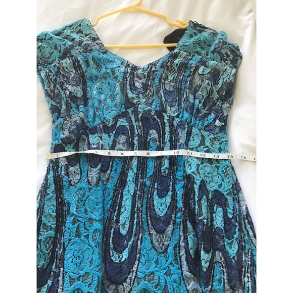 ASHRO-WOMENS LACE FULLY LINED MULTI -BLUE BACK ZIP UP CLOSURE MIDI DRESS SIZE 10 - Picture 5 of 5